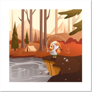 Cartoon illustration of a cute funny fox cub on a fishing trip Posters and Art